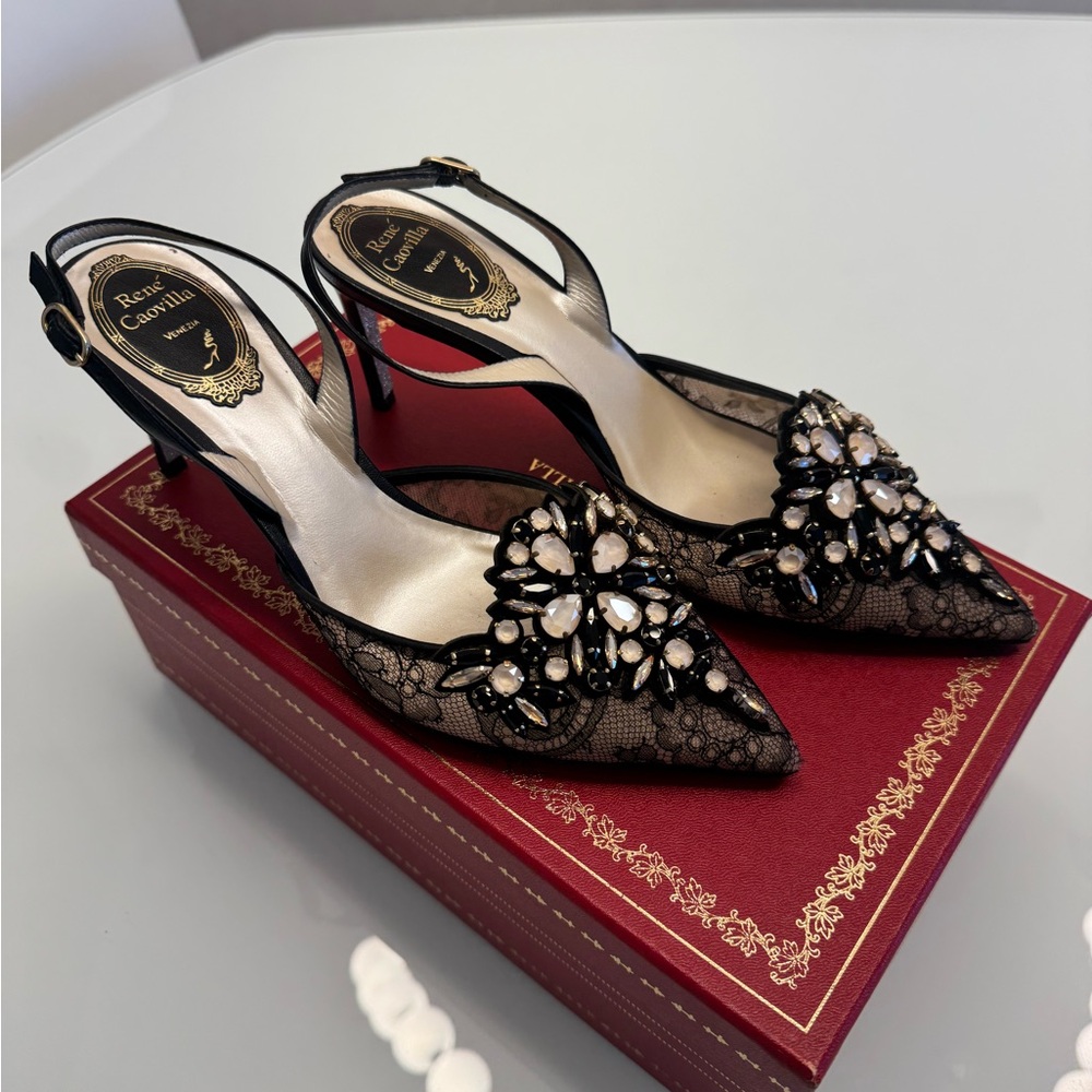 Rene Caovilla Black Crystal Embellished Heels
